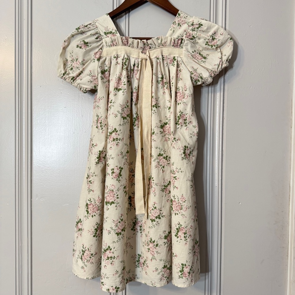 Jessyca Kids Vintage Style Cream Floral Puff Sleeve Toddler Dress front Tie 5T